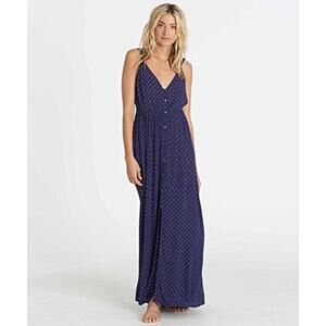 Billabong Womens Dress Sz S First Dreamer Ruffle Maxi Navy Blue White Polka Dots